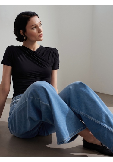 Dilvin 72286 %100 Pamuk Dökümlü Wide Leg Jean-mavi Mavi