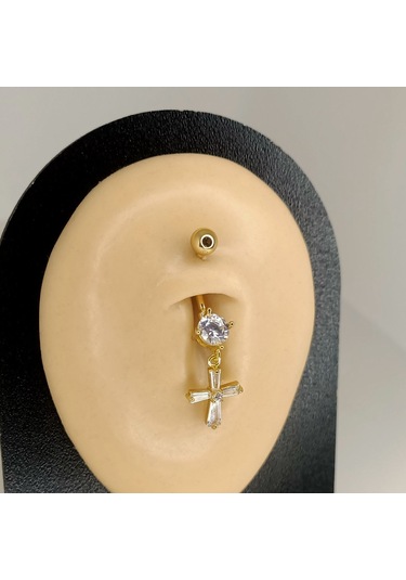 Aya Tasarım Gold Renk Taşlı Haç Figürlü Göbek Piercing