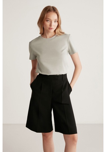 GRIMELANGE Samantha Kadın %100 Organik Pamuklu Comfort Fit Arkası Uzun Basic Örme Açık Gri T-shirt Açık Gri