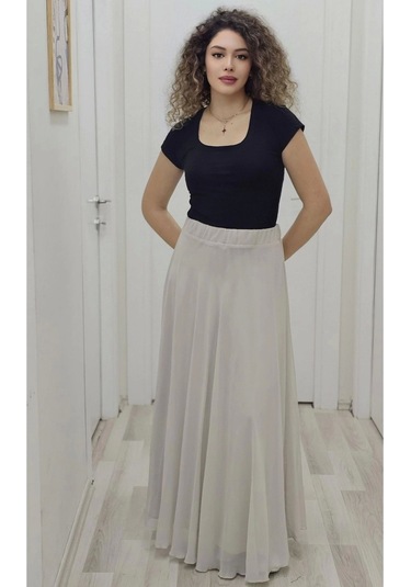 Bel Lastikli Kloş Şifon Etek 6003-taş Taş