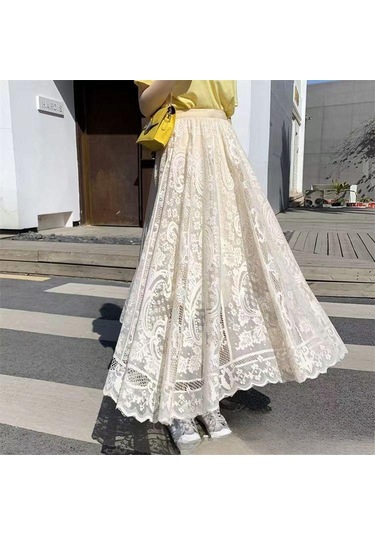 Kadın İlkbahar Ve Yaz Dantel Etek A-line Uzun Etek Büyük Hem Gazlı Bez Hollow Pilili Etek Bej