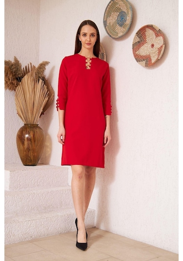 Darlin Moda Kırmızı Metal Aksesuar Detaylı Abiye Elbise Dm1014 Kırmızı