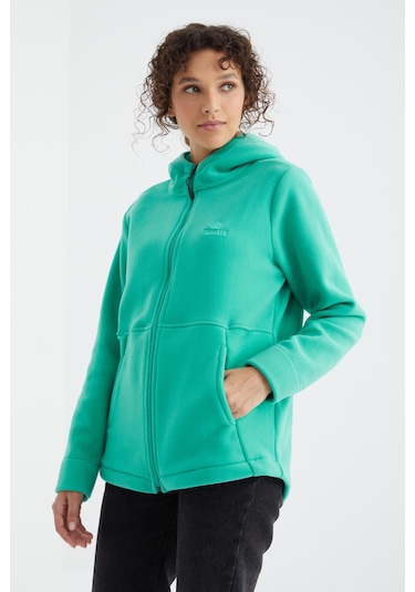Tommy Life Deniz Yeşili Kapüşonlu Fermuarlı Rahat Form Kadın Polar Sweatshirt - 97233 Yeşil
