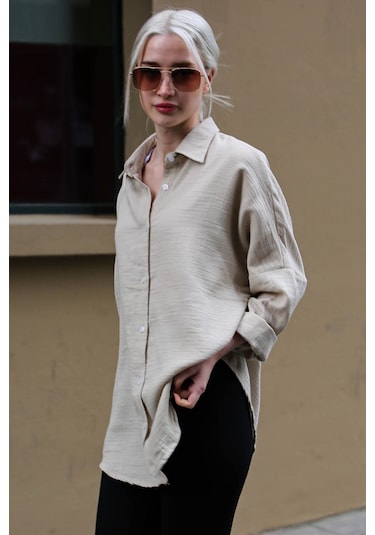 Madmext Bej Muslin Kumaş Basic Kadın Gömlek Mg1660 Bej
