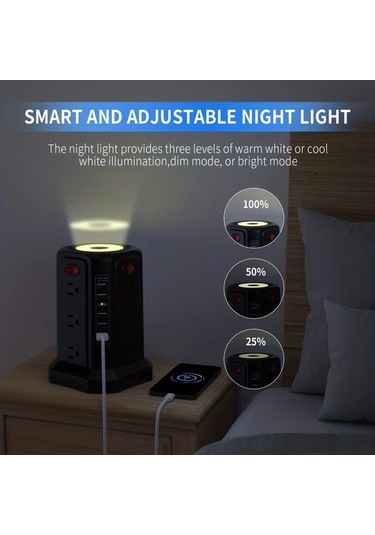Xuweiwei Passus Power Tower 12 Ac Cikisli 5 Usb Portlu Gece Lambali Surge Protector Zh Black Night Light 11811 Inch