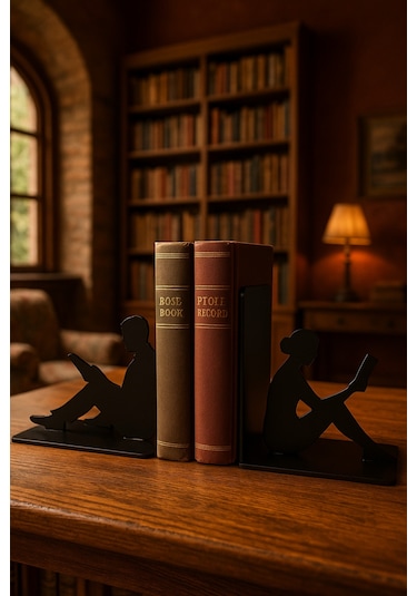 Dekoratif Metal Kitap Tutucu Okuyan Kadın Ve Erkek Figürlü 2'li Set Masa Üstü Kitaplık Düzenleyici