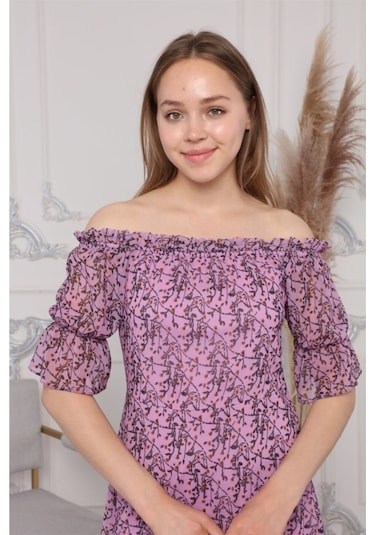 Kadın Madonna Yaka Çıtır Desenli Şifon Elbise 3903/95 001