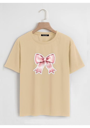Unisex Oversize Bisiklet Yaka Powder Pink Ribbon Baskılı Basic T-shirt - Bej Bej