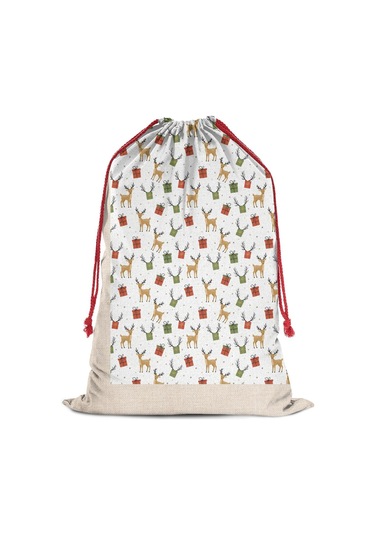Büyük Noel Baba Hediye Çantası, Pamuklu Kordonlu, Yeniden Kullanılabilir Noel Geyik Hediyesi