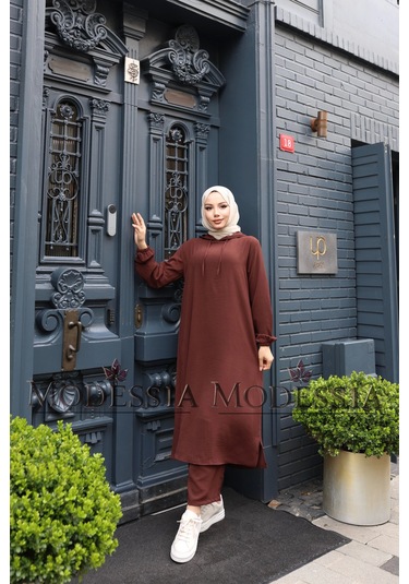 Kadın Kahve Aerobin Uzun Kapşonlu İkili Takım T0218 Kahve Kahverengi