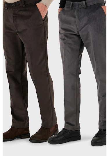 Buratti Normal Bel Regular Fit Düz Paça 2'Li Paket Erkek Kadife Pantolon 645Merlins2 Gri-Kahve