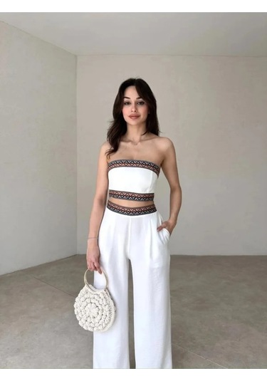 Aztek Motifli Şerit Korse Crop Cepli Lastikli Palazzo Pantolon Modern Etnik Yazlık Boho Keten Takım Beyaz