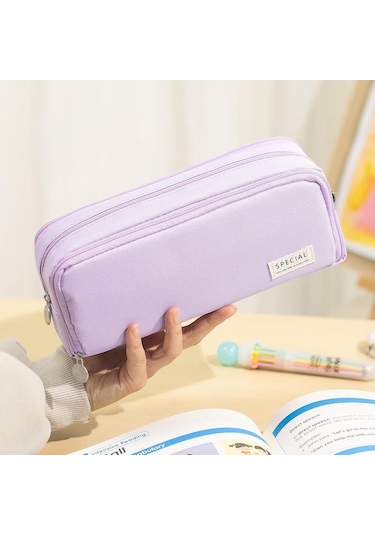 Okul Genç Kız Erkek İçin Büyük Kapasiteli Kalem Kutusu 3 Bölmeli Kese Kalem Çantası-mor