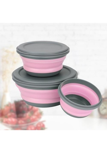 3 Adet / Takım Silikon Katlanır Öğle Yemeği Kutusu Kapaklı Taşınabilir Piknik Kamp Kase Set Mutfak Sofra Kiti Katlanabilir Meyve Salatası Kase Öğle Yemeği Kutuları Pembe 2
