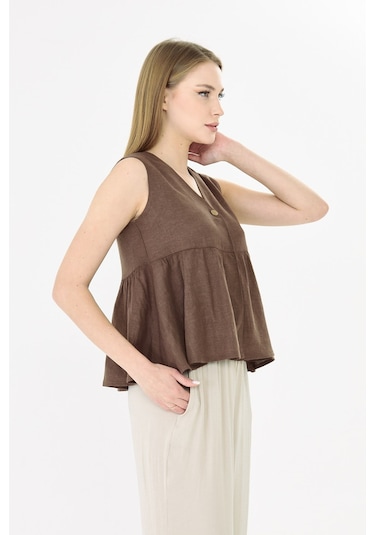 Sortie Collection V Yaka Tek Düğmeli Peplum Kahverengi Keten Bluz