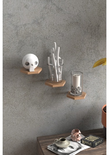 Duvar Rafı Dekoratif 3 Adet Çiçeklik Altıgen Ceviz