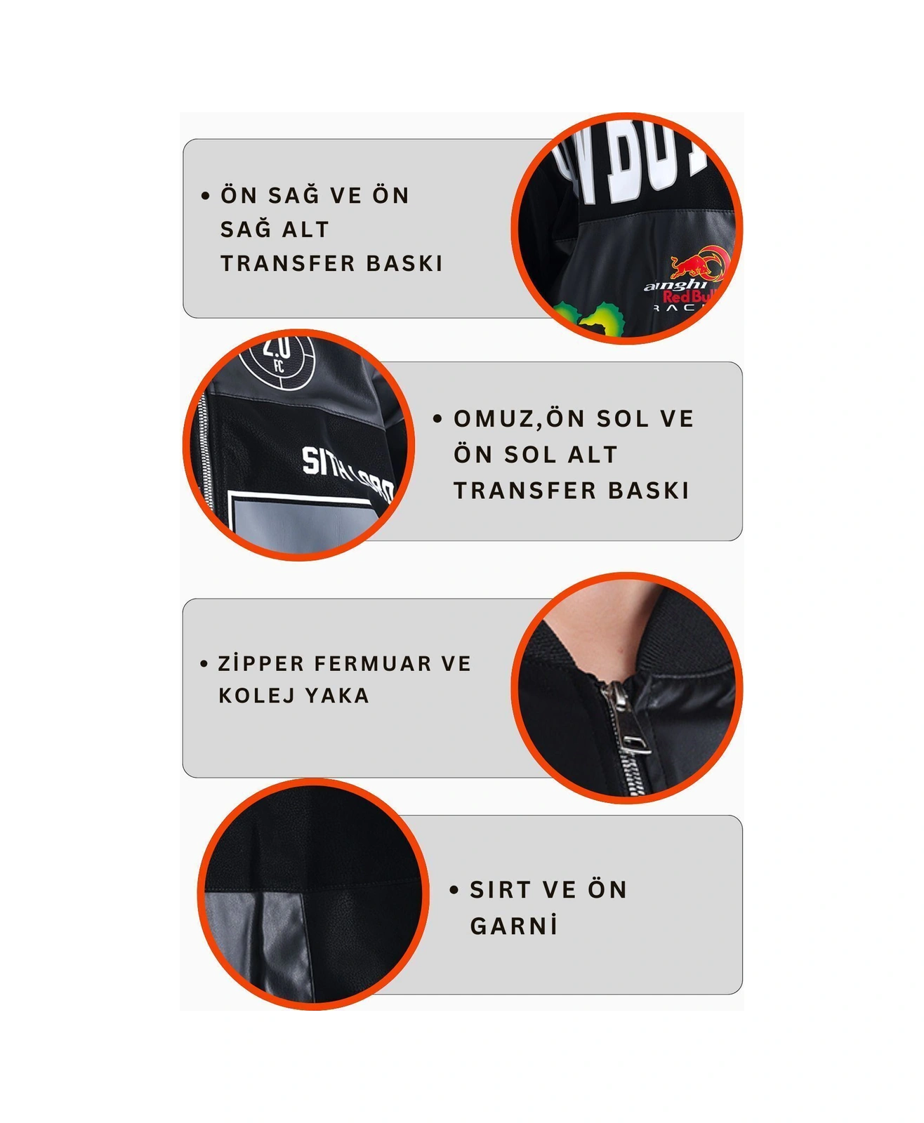 Kadın Oversize Baskılı Deri Motorcu Montu Fermuarlı Yarışçı Ceket Astarlı Bomber Kolej Mont Siyah