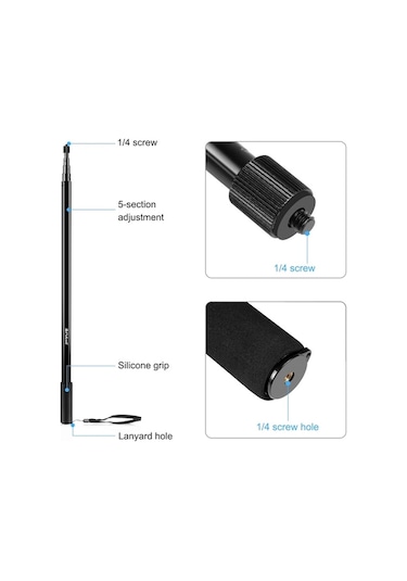 Tongxida Puluz 3m Metal Selfie Çubuğu Insta360 One Rs / X2 / X3 / X4 Siyah