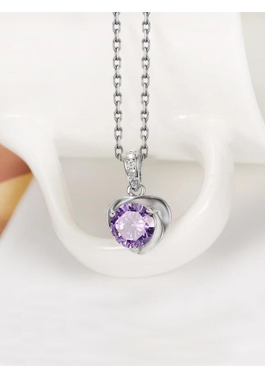 Brezza Lusso Jewelry Ametist Taşı Kalp Kadın Gümüş Kolye Küpe Seti 45 CM