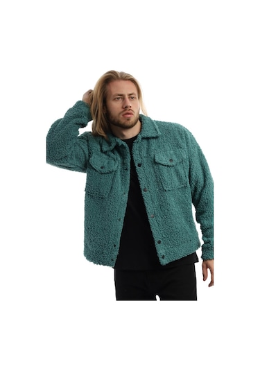 Erkek Kıvırçık Peluş Cıt Cıt Kapamalı Ceket Petrol