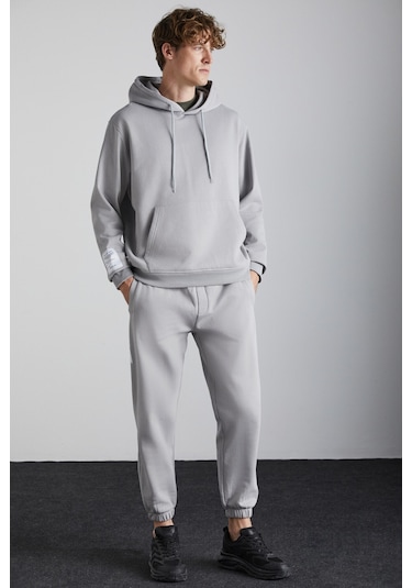 Ashbourne Erkek Oversize Kanguru Cepli Kol Etiket Detaylı Organik Pamuk Gri Eşofman Takımı