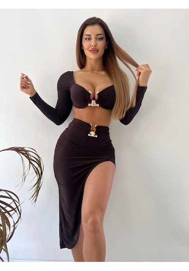 Kahverengi Sandy Kumaş Tokalı Uzun Kollu İkili Takım Kahverengi