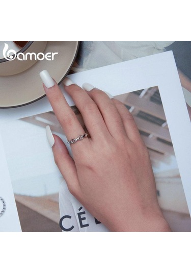 Bamoer 925 Ayar Gümüş Metal Zincir Ayarlanabilir Yüzük Kadınlar İçin Gümüş Moda Kilit Zincir Yüzük Bildirimi Band Takı
