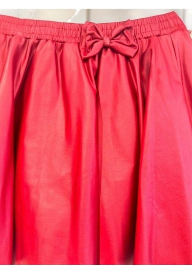 Kız Çocuk Fiyonk Detaylı Deri Etek-15121 Kırmızı