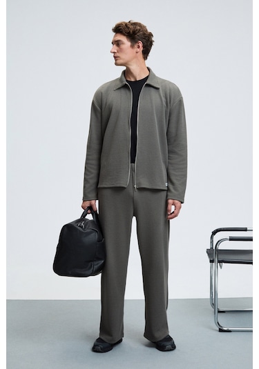 LACHLAN Erkek Waffle Özel Dokulu Kordonlu Süs Etiketli Koyu Gri Pantolon