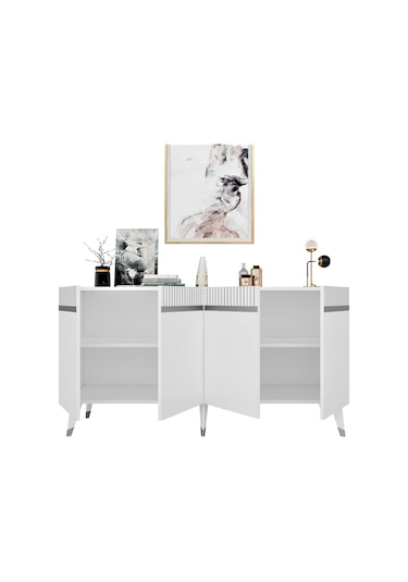 Apollon Konsol Tv Sehpası Çok Amaçlı Dolap Beyaz Gümüş