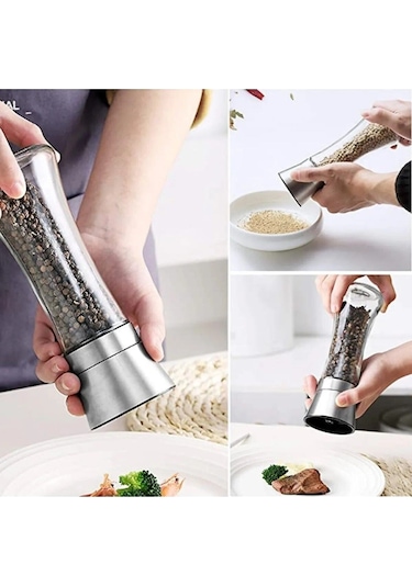 Qerhome Cam Gövdeli Paslanmaz Çelik Kapaklı Tuz Karabiber Değirmeni Tuz Karabiber Öğütücü 19 Cm 2 Adet Şeffaf