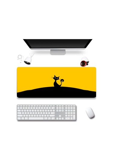 Sonictouch Kara Kedi Sarı Siyah Gamer Oyuncu Dikişsiz Sıvı Geçirmez Klavye Mouse Pad 32x70cm Mousepad