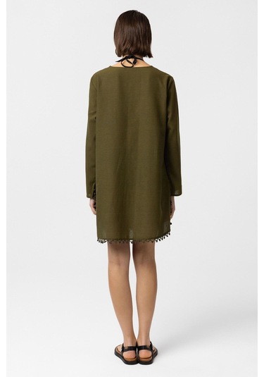 Yeşil Nakış İşlemeli Uzun Kollu Pamuklu Bluz Elbise Yeşil