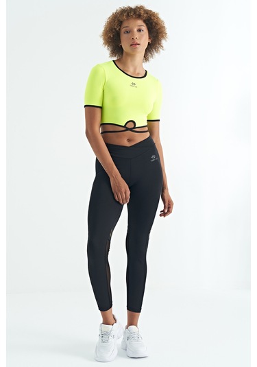 Tommy Life Neon Sarı Bel Bağlama Detaylı O Yaka Standart Kalıp Dalgıç Kumaş Kadın Crop T-shirt - 97266 Neon Sarı