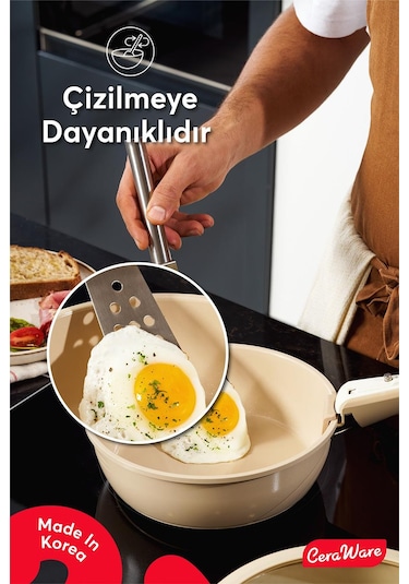 Ceraware Hona XL 14 Parça Tak Çıkar Saplı İç İçe Geçebilen Seramik Yapışmaz Tencere Tava Seti Bej