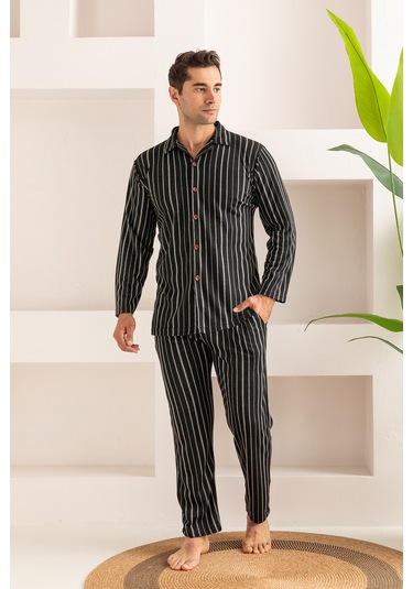 Erkek Jakarlı Düğmeli Pamuk Pijama Takımı- Çizgili Erkek Pijama Lacivert