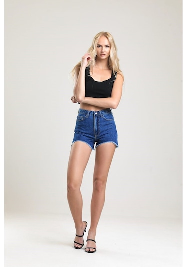 Pass&Pass 2050 Kadın Püsküllü Paça Jeans Denim Kot Şort Mavi