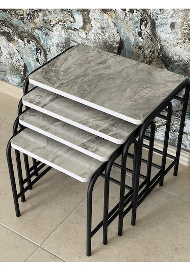 Aslanstore 4'Lü Metal Zigon Sehpa Gri Mermer