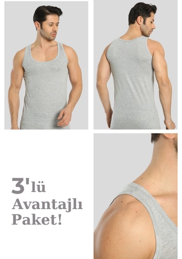 Erkek Gri Pamuklu Omuzu Lok Dikişli Atlet 3'lü Paket Gri