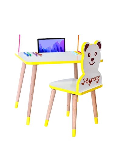 Çocuk Ders Çalışma Masa Sandalye Takımı 2-6 Yaş Sarı Ayıcıklı