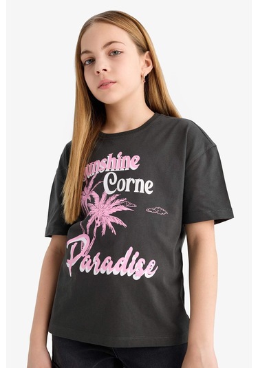 DeFacto Kız Çocuk Relax Fit Bisiklet Yaka Baskılı Kısa Kollu Tişört E0355A825SMAR211