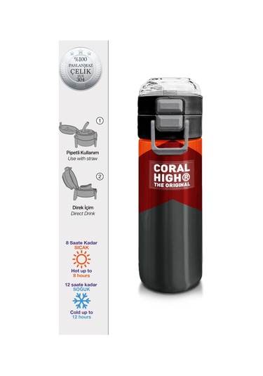 Coral High Kids Turuncu Bordo Desenli Pipetli Ve Direkt İçim Çelik Termos 500 Ml 31892 Turuncu - Mavi