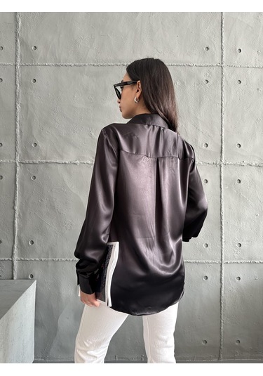 Kadın Oversize Siyah Renk Saten Gömlek-siyah Siyah
