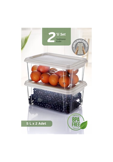 2'li 5 Lt Un Bakliyat Erzak Saklama Kabı Seti - Banyo Düzenleyici Deterjanlık Saklama Kutusu 2x5l Bej