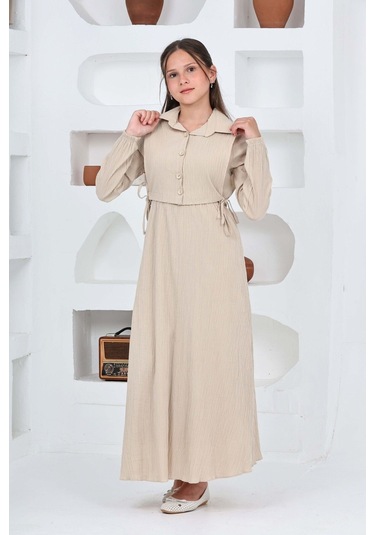 Kız Çocuk Uzun Boy Gofre Kumaş Jile & Elbise İki Parça Takım Astarlı Zarif Set-4948 Bej