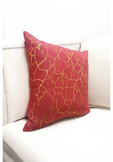 Altın Varak Desenli Dekorafit Tekli Kırlent Kılıfı 42x42 Cm Şık Ve Zarif Tasarım Kırmızı