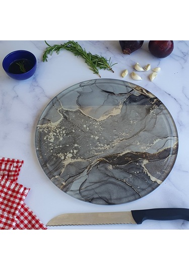 Kanallı Cam Kesme Tablası | Gri Gold Mermer | Çap32cm