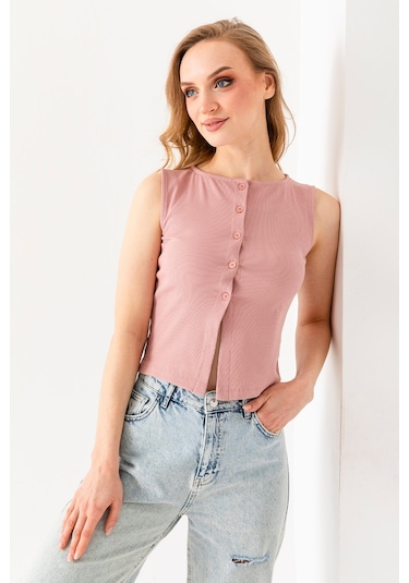 Giysa Kadın Bisiklet Yaka Düğmeli Fitilli Body Pembe - 25y 2457 Şeker Pembe
