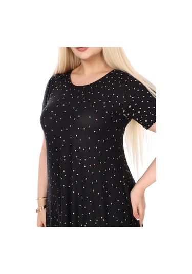 Melsay Butik Siyah Puanlı Eteği Leopar Desen Asimetrik Kısa Kollu Elbise Siyah