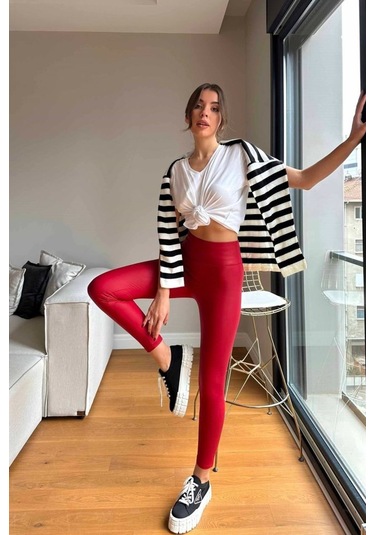 Soonaksesuar Kadın Yüksek Bel Içi Şardonlu Fırsat Ürün Toparlayıcı Tayt Kırmızı